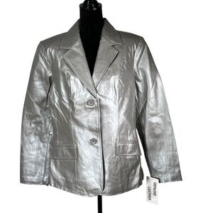 Metrostyle Silver Leather Blazer Jacket Metallic Classic Platinum Women’s 14T